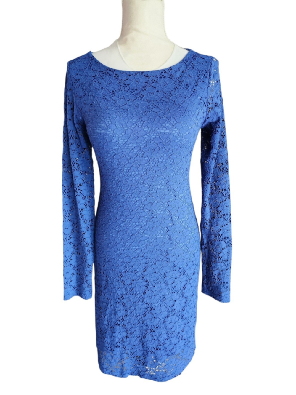 Rosebud Royal Blue Floral Lace Cutout Back Long Sleeve Bodycon Mini Dress M